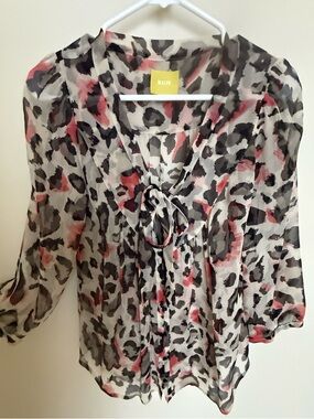 Anthropologie Maeve Sheer Leopard-Print Tie-Neck Blouse in Pink and Black size 4
